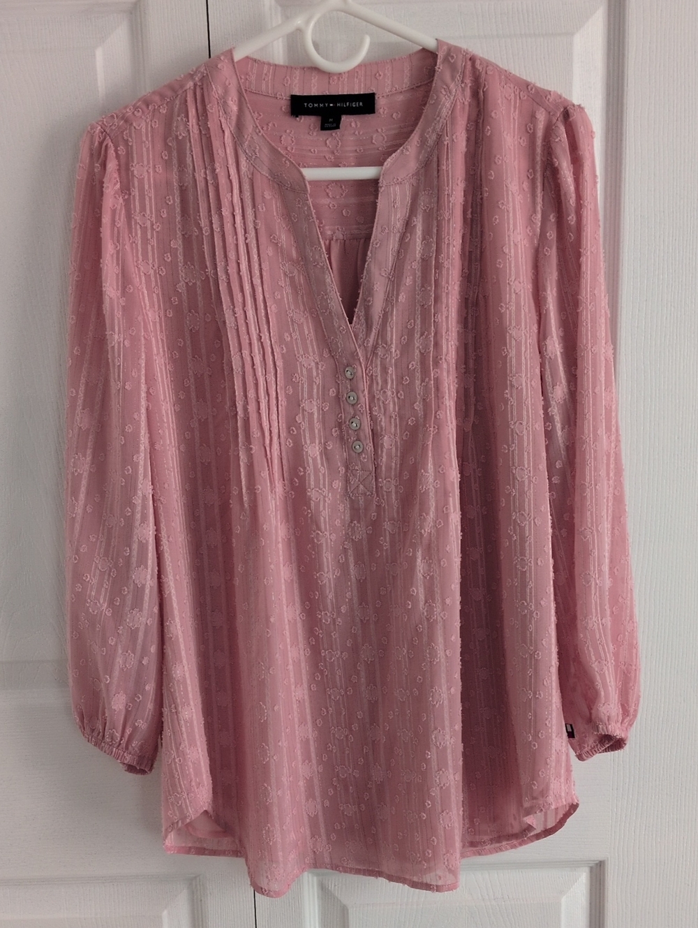 Tommy Hilfiger Dusty Pink Metallic Pintuck Henley Flowy Blouse